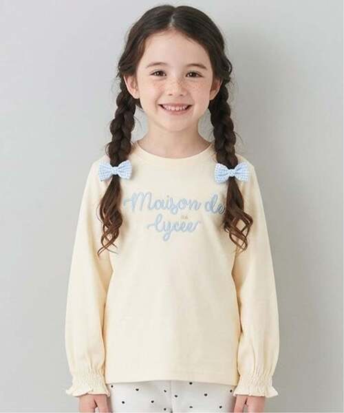 Lycee mine（リセマイン）の「【綿100％】 【速乾・UV・型崩れしない】【ムテキT】ロゴ刺しゅうシャーリングスリーブトップス（Tシャツ/カットソー・キッズ・ブルーグレー/黄緑系/クリーム/オフホワイト/ライトピンク/ブラック・110cm/150cm/130cm/100cm/120cm/140cm）」の4枚目の写真