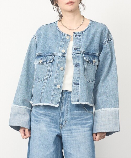 abahouse mavie(アバハウスマヴィ)の「【EDWIN】ロールアップデニムジャケット/春服/Gジャン/ノーカラー/ショート丈(デニムジャケット・レディース・ブラック/ライトブルー・フリー)」の2枚目の写真