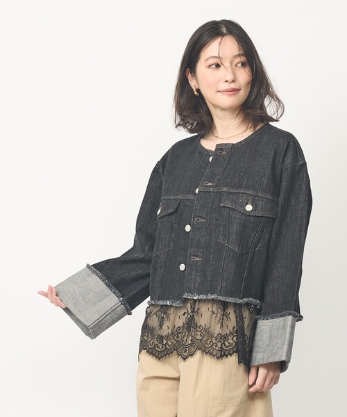 abahouse mavie(アバハウスマヴィ)の「【EDWIN】ロールアップデニムジャケット/春服/Gジャン/ノーカラー/ショート丈(デニムジャケット・レディース・ブラック/ライトブルー・フリー)」の5枚目の写真