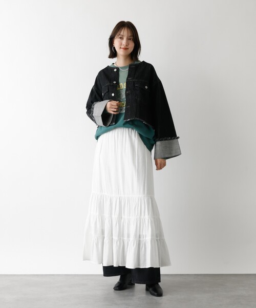 abahouse mavie(アバハウスマヴィ)の「【EDWIN】ロールアップデニムジャケット/春服/Gジャン/ノーカラー/ショート丈(デニムジャケット・レディース・ブラック/ライトブルー・フリー)」の6枚目の写真