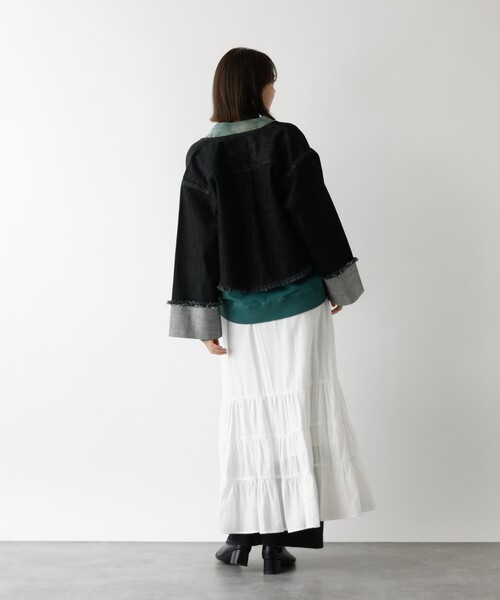 abahouse mavie(アバハウスマヴィ)の「【EDWIN】ロールアップデニムジャケット/春服/Gジャン/ノーカラー/ショート丈(デニムジャケット・レディース・ブラック/ライトブルー・フリー)」の8枚目の写真
