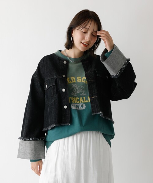 abahouse mavie(アバハウスマヴィ)の「【EDWIN】ロールアップデニムジャケット/春服/Gジャン/ノーカラー/ショート丈(デニムジャケット・レディース・ブラック/ライトブルー・フリー)」の9枚目の写真