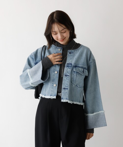 abahouse mavie(アバハウスマヴィ)の「【EDWIN】ロールアップデニムジャケット/春服/Gジャン/ノーカラー/ショート丈(デニムジャケット・レディース・ブラック/ライトブルー・フリー)」の16枚目の写真