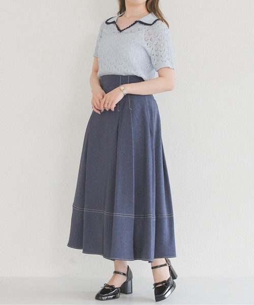MISCH MASCH（ミッシュマッシュ）の「2026春夏新作 配色レースポロトップス（Tシャツ/カットソー・レディース・ホワイト/ブルー・ﾌﾘ-）」の7枚目の写真