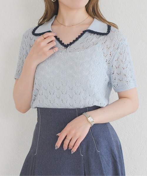 MISCH MASCH（ミッシュマッシュ）の「2026春夏新作 配色レースポロトップス（Tシャツ/カットソー・レディース・ホワイト/ブルー・ﾌﾘ-）」の3枚目の写真