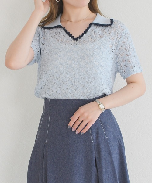 MISCH MASCH（ミッシュマッシュ）の「2026春夏新作 配色レースポロトップス（Tシャツ/カットソー・レディース・ホワイト/ブルー・ﾌﾘ-）」の4枚目の写真