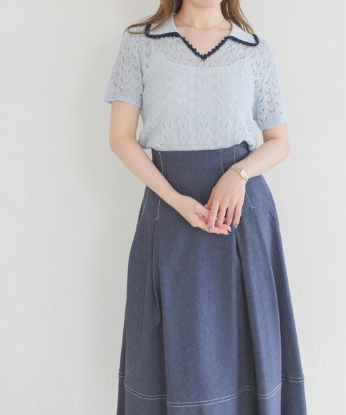 MISCH MASCH（ミッシュマッシュ）の「2026春夏新作 配色レースポロトップス（Tシャツ/カットソー・レディース・ホワイト/ブルー・ﾌﾘ-）」の5枚目の写真
