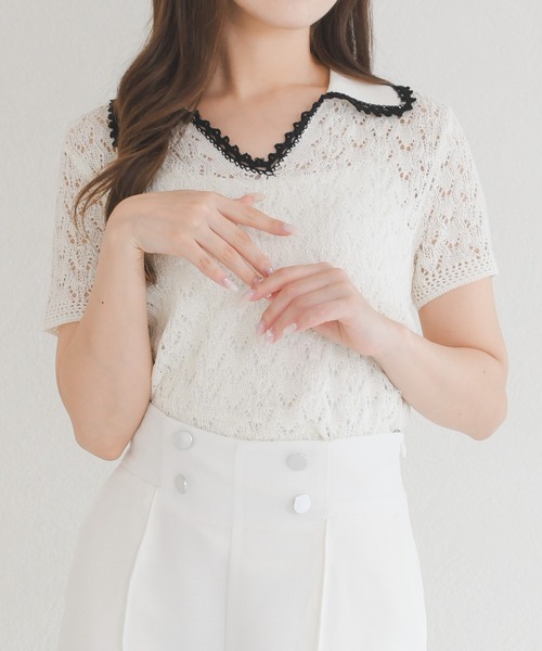 MISCH MASCH（ミッシュマッシュ）の「2026春夏新作 配色レースポロトップス（Tシャツ/カットソー・レディース・ホワイト/ブルー・ﾌﾘ-）」の10枚目の写真