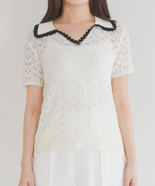 MISCH MASCH（ミッシュマッシュ）の「2026春夏新作 配色レースポロトップス（Tシャツ/カットソー・レディース・ホワイト/ブルー・ﾌﾘ-）」の12枚目の写真