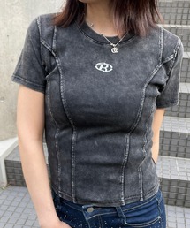 プレート付切替リブ半袖トップス
