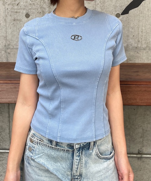ROGER AND RAW（ロジャーアンドロウ）の「プレート付切替リブ半袖トップス（Tシャツ/カットソー・レディース・ライトブルー/ブラック/ベージュ・FREE）」の15枚目の写真