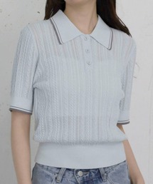 【高機能】配色透かし編みポロニットプルオーバー