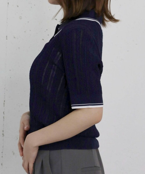 archives(アルシーヴ)の「【高機能】配色透かし編みポロニットプルオーバー(ニット/セーター・レディース・アイボリー/ネイビー/ブルー/グレー・MEDIUM)」の5枚目の写真