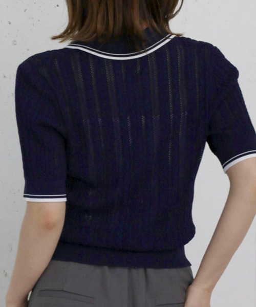 archives(アルシーヴ)の「【高機能】配色透かし編みポロニットプルオーバー(ニット/セーター・レディース・アイボリー/ネイビー/ブルー/グレー・MEDIUM)」の6枚目の写真