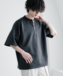 接触冷感 オーバーサイズダンボールハーフジップ半袖プルオーバーTシャツ
