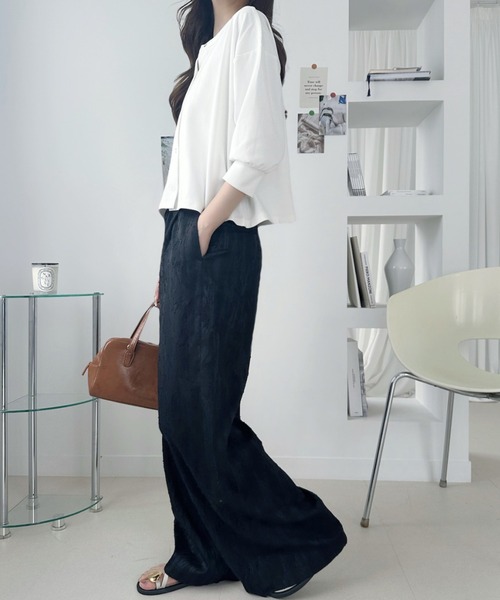 umune(ウムネ)の「ジャガードパンツ ワイドパンツ フリンジ ストレート イージーパンツ ウエストゴム ボトムス カジュアル 総柄 夏(その他パンツ・レディース・ブルー/アイボリー/ブラック・M/L)」の4枚目の写真
