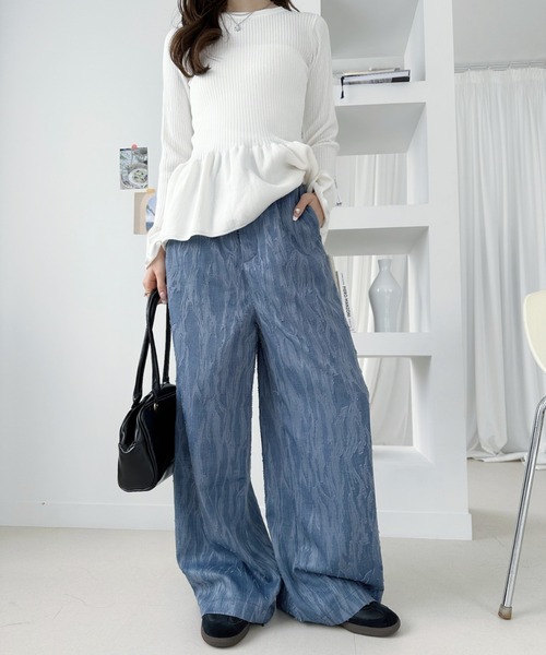 umune(ウムネ)の「ジャガードパンツ ワイドパンツ フリンジ ストレート イージーパンツ ウエストゴム ボトムス カジュアル 総柄 夏(その他パンツ・レディース・ブルー/アイボリー/ブラック・M/L)」の6枚目の写真