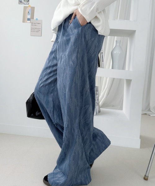 umune(ウムネ)の「ジャガードパンツ ワイドパンツ フリンジ ストレート イージーパンツ ウエストゴム ボトムス カジュアル 総柄 夏(その他パンツ・レディース・ブルー/アイボリー/ブラック・M/L)」の7枚目の写真