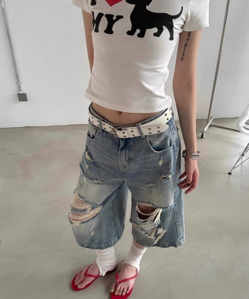 AVYL(アヴィル)の「デニムバミューダパンツ/ダメージハーフパンツ(デニムパンツ・レディース・サックスブルー・S/M/L)」の13枚目の写真