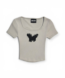Frayed Butterfly Square Neck T-shirt (Beige)