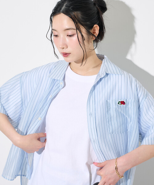 FREAK'S STORE(フリークスストア)の「FRUIT OF THE LOOM × FREAK'S STORE/フルーツオブザルーム 別注 シアー ストライプ 半袖シャツ/シアーシャツ(シャツ/ブラウス・レディース・ピンク/オフホワイト/ブルー・フリ-)」の13枚目の写真