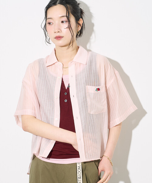 FREAK'S STORE(フリークスストア)の「FRUIT OF THE LOOM × FREAK'S STORE/フルーツオブザルーム 別注 シアー ストライプ 半袖シャツ/シアーシャツ(シャツ/ブラウス・レディース・ピンク/オフホワイト/ブルー・フリ-)」の7枚目の写真