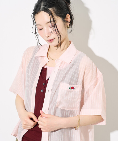 FREAK'S STORE(フリークスストア)の「FRUIT OF THE LOOM × FREAK'S STORE/フルーツオブザルーム 別注 シアー ストライプ 半袖シャツ/シアーシャツ(シャツ/ブラウス・レディース・ピンク/オフホワイト/ブルー・フリ-)」の9枚目の写真