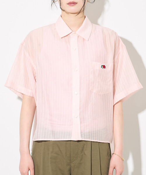 FREAK'S STORE(フリークスストア)の「FRUIT OF THE LOOM × FREAK'S STORE/フルーツオブザルーム 別注 シアー ストライプ 半袖シャツ/シアーシャツ(シャツ/ブラウス・レディース・ピンク/オフホワイト/ブルー・フリ-)」の4枚目の写真