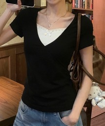 配色 Vネック レース切替 半袖Tシャツ