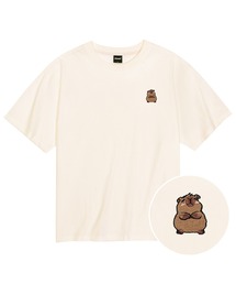クールコットンオーバーサイズカピバラ刺繍半袖Tシャツ