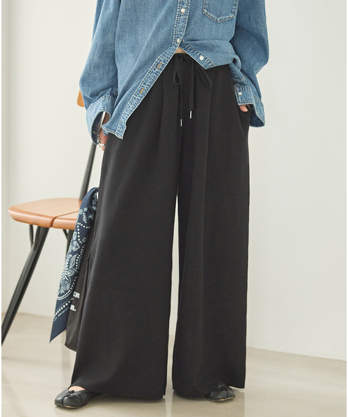 追加》WASHABLE コットンシルクミックスタックワイドパンツ（その他