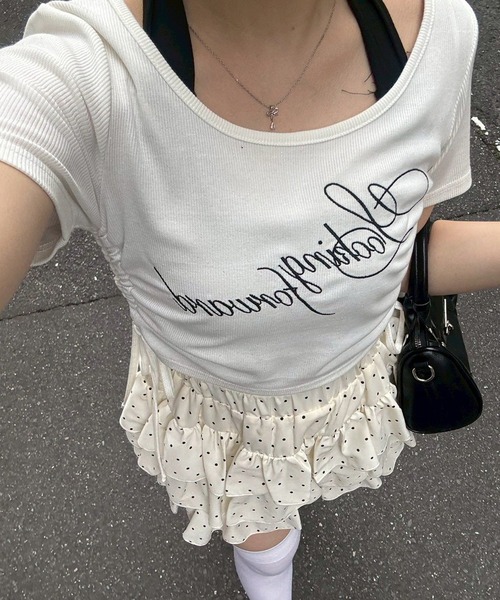 continuer de NICE CLAUP（コンティニューデナイスクラップ）の「リボンホルター付テレコロゴトップス（Tシャツ/カットソー・レディース・ホワイト系その他/ブラック/ピンク/ブラック系その他/オフホワイト・FREE）」の2枚目の写真