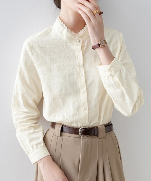 ONEP STAR（ワンピスター）の「レーストリムスタンドカラー長袖シャツブラウス（シャツ/ブラウス・レディース・ベージュ・MEDIUM/X-LARGE/LARGE）」の5枚目の写真