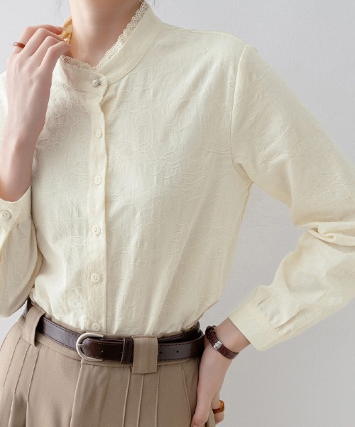 ONEP STAR（ワンピスター）の「レーストリムスタンドカラー長袖シャツブラウス（シャツ/ブラウス・レディース・ベージュ・MEDIUM/X-LARGE/LARGE）」の7枚目の写真