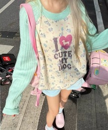 配色ラグランスリーブ ドッグプリントニットプルオーバー