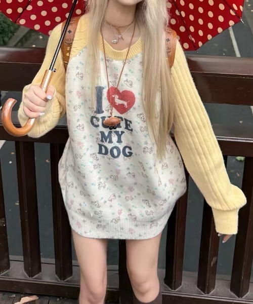ViViDAY(ビビデー)の「配色ラグランスリーブ ドッグプリントニットプルオーバー(ニット/セーター・レディース・イエロー/ミント/ピンク/パープル・M)」の17枚目の写真