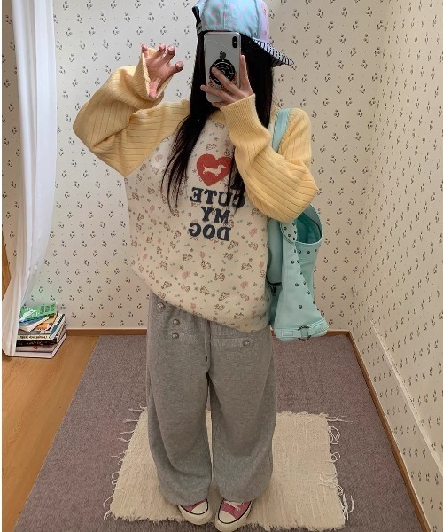ViViDAY(ビビデー)の「配色ラグランスリーブ ドッグプリントニットプルオーバー(ニット/セーター・レディース・イエロー/ミント/ピンク/パープル・M)」の16枚目の写真