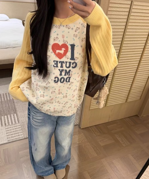 ViViDAY(ビビデー)の「配色ラグランスリーブ ドッグプリントニットプルオーバー(ニット/セーター・レディース・イエロー/ミント/ピンク/パープル・M)」の15枚目の写真