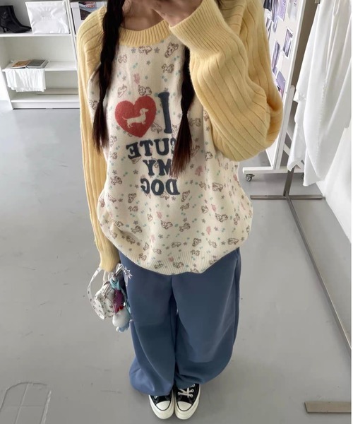 ViViDAY(ビビデー)の「配色ラグランスリーブ ドッグプリントニットプルオーバー(ニット/セーター・レディース・イエロー/ミント/ピンク/パープル・M)」の14枚目の写真