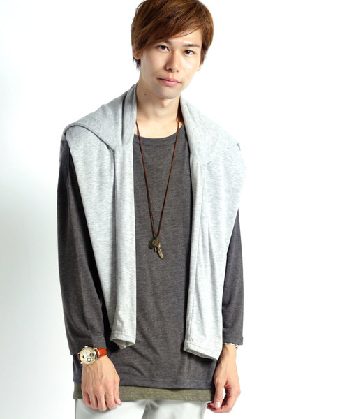 MONO-MART（モノマート）の「オーバーサイズドロップショルダー サイドスリット ヘムラインカットソー/TRストレッチ（Tシャツ/カットソー・メンズ・ライトグレー/ダークネイビー/オフホワイト/ブラック/チャコール/ベージュ/ボルドー/インディゴブルー・FREE）」の12枚目の写真