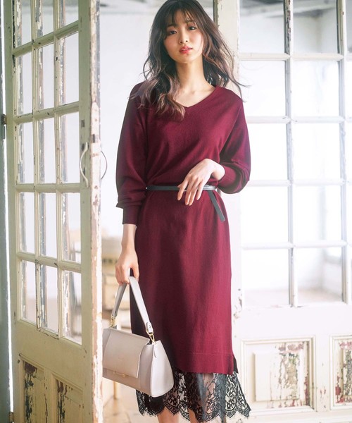 GeeRA（ジーラ）の「裾レースニットワンピース（ワンピース・レディース・ブラック/ボルドー/杢グレー・MEDIUM/LARGE/X-LARGE）」の3枚目の写真