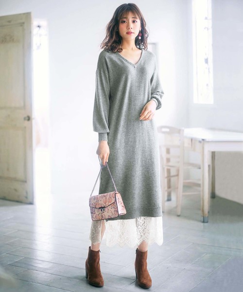 GeeRA（ジーラ）の「裾レースニットワンピース（ワンピース・レディース・ブラック/ボルドー/杢グレー・MEDIUM/LARGE/X-LARGE）」の6枚目の写真