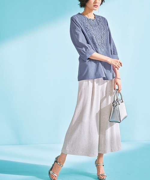 BELLUNA PLUS（ベルーナ）の「レーヨン麻ボタン使いワイドパンツ股下４６cm（その他パンツ・レディース・ベージュ/グリーン/ネイビー/レンガ・SMALL/MEDIUM/X-LARGE/LARGE）」の15枚目の写真