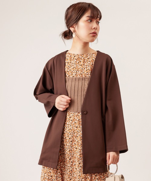 natural couture（ナチュラルクチュール）の「ノーカラーゆるっとジャケット（ノーカラージャケット・レディース・ダークブラウン/ベージュ/ピンク/ライトベージュ・FREE）」の6枚目の写真