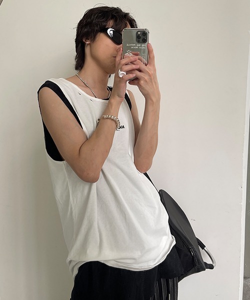 MASONPRINCE(メイソンプリンス)の「【MASONPRINCE】Broad shoulders adhesive label sleeveless t-shirt BX3013(タンクトップ・メンズ・ブラック/グレー/ホワイト/ライトブルー/ブルー・S/M/L)」の6枚目の写真