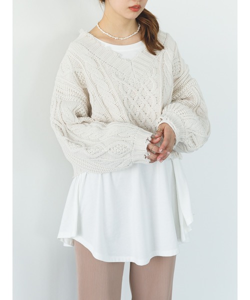 SLURR（スラ―）の「ダメージケーブルショート丈ニット（ニット/セーター・レディース・ライトブルー/オフホワイト/ラベンダー・FREE）」の10枚目の写真