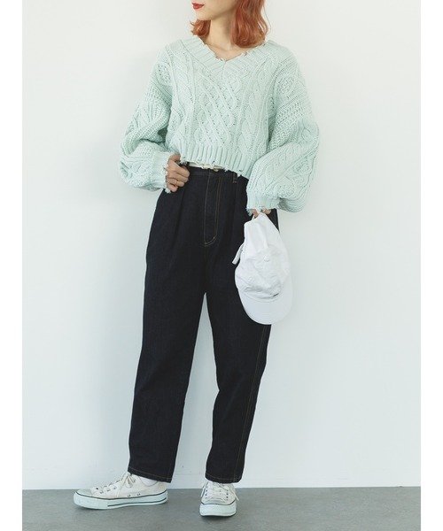 SLURR（スラ―）の「ダメージケーブルショート丈ニット（ニット/セーター・レディース・ライトブルー/オフホワイト/ラベンダー・FREE）」の8枚目の写真