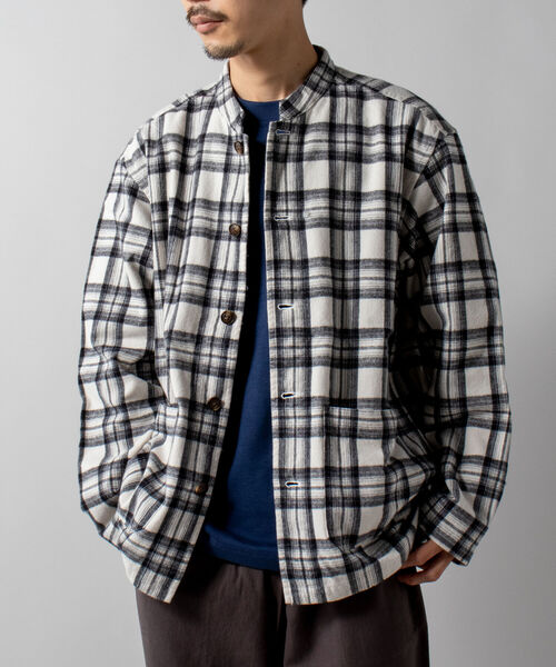 GLOSTER（グロスター）の「【GLOSTER/グロスター】バンドカラージャケット　コーデュロイ/ネルチェック（ブルゾン・メンズ・ネイビー/オリーブ/アイボリー/ライトブラウン/ホワイト系その他/ブラウン系その他・MEDIUM/LARGE）」の3枚目の写真