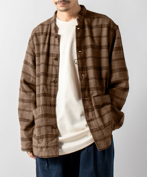 GLOSTER（グロスター）の「【GLOSTER/グロスター】バンドカラージャケット　コーデュロイ/ネルチェック（ブルゾン・メンズ・ネイビー/オリーブ/アイボリー/ライトブラウン/ホワイト系その他/ブラウン系その他・MEDIUM/LARGE）」の5枚目の写真