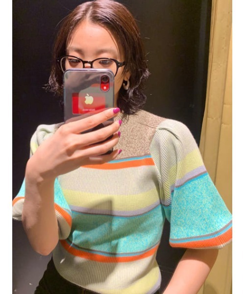 SLY（スライ）の「MULTI BORDER PUFF TOPS/マルチボーダーパフスリーブトップス（ニット/セーター・レディース・グリーン系その他2/オレンジ系その他・FREE）」の18枚目の写真